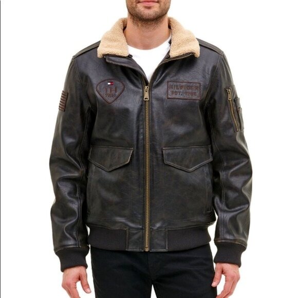 Men’s Tommy Hilfiger Top Gun Faux Leather Aviator Bomber Jacket Size Large - Picture 1 of 7
